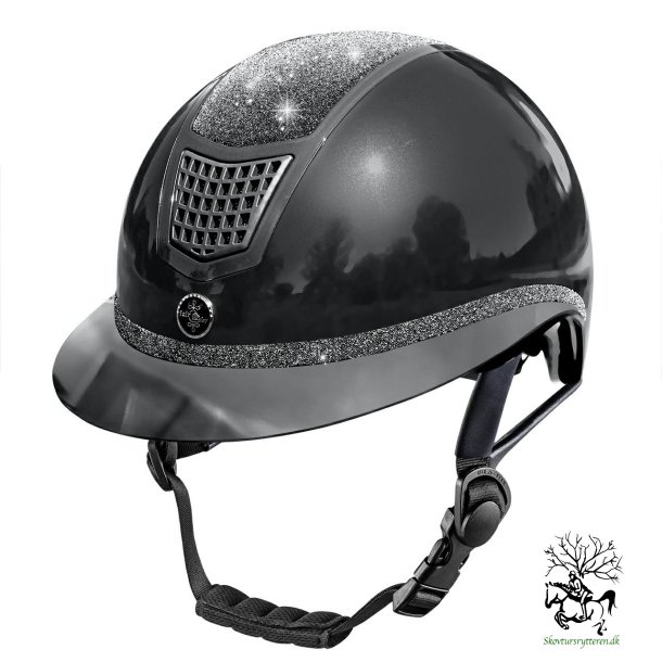 Ridehjelm fra FairPlay "QUANTINUM ECLIPSE SHINY" sort W-V med bred skygge 