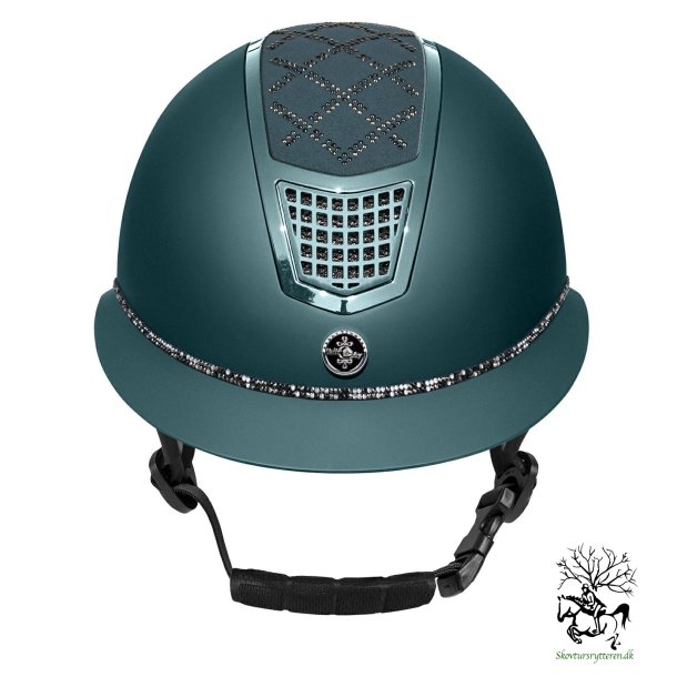 Ridehjelm fra FairPlay "QUANTINUM SPOTLIGHT matt silver "  W-V med bred skygge - Nobel green 