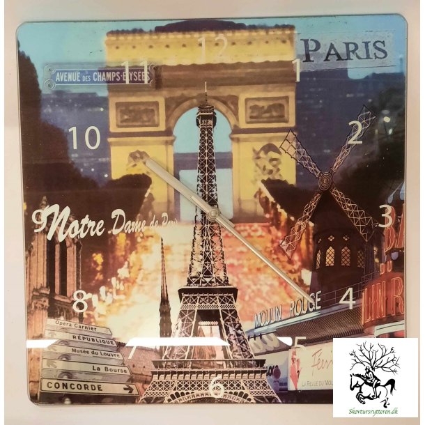Vg ur i glas "Paris" med sevrdighederne - 35x35 cm 