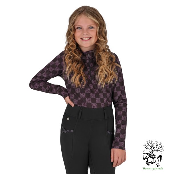 Langrmet sports T-shirt junior fra QHP "Lize" - sort/lilla