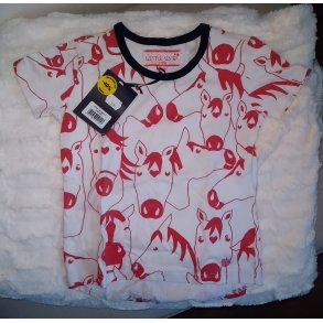 T-Shirt til ridning med hestehoveder og hvid med rde heste str. 104/2-4 r