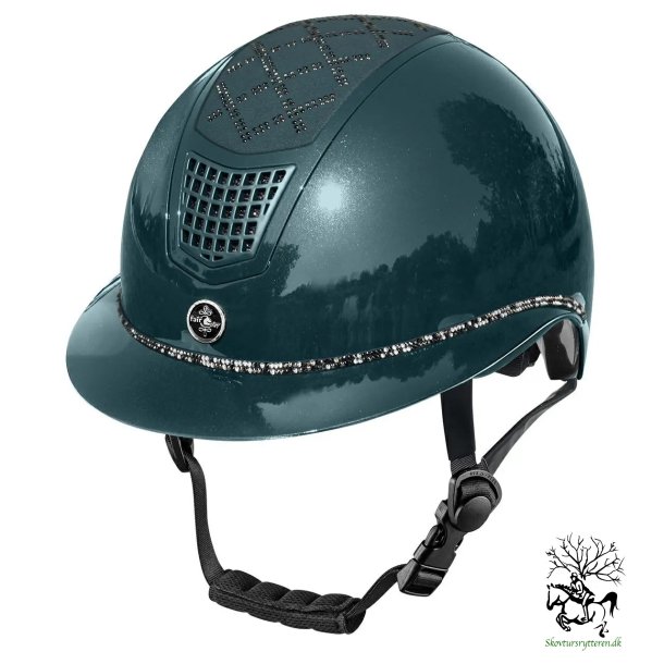 Ridehjelm fra FairPlay "QUANTINUM SPOTLIGHT shiny silver "  W-V med bred skygge - Nobel Green 